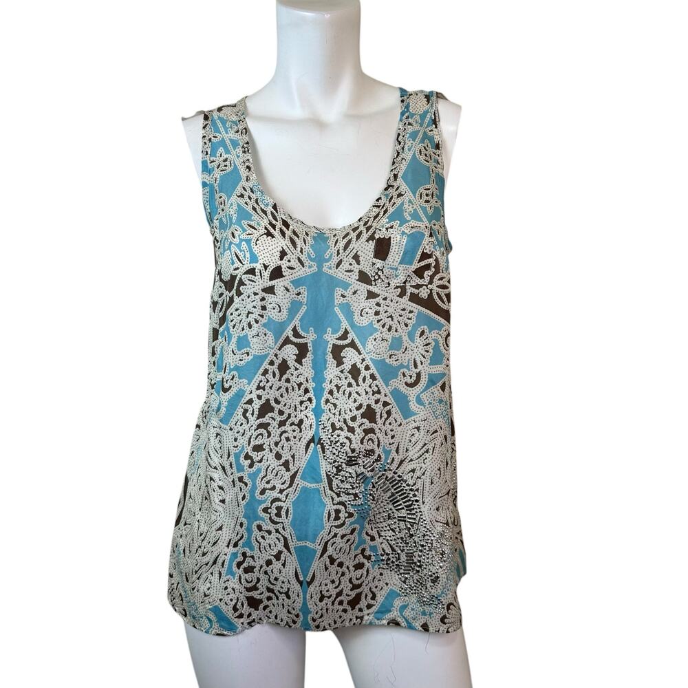 Johnny Was For Love & Liberty Blue & Cream Silk Tank Studded Details sz XS